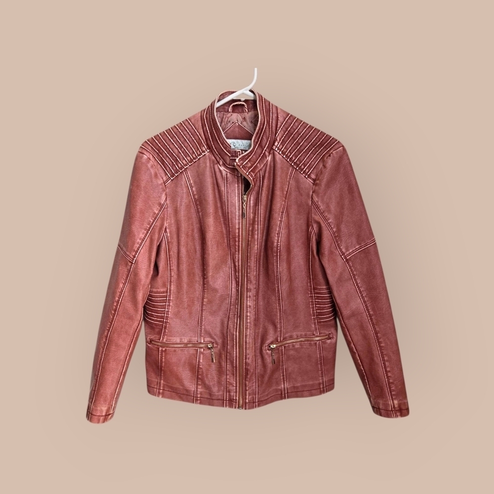 Cleo Brick Color Faux  Leather Moto Jacke Size L   no Size Tag